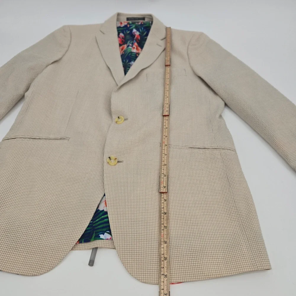 Indochino Blazer Mens Custom Tan Gingham‎ Wool Blend Tropical Flamingo Lining
